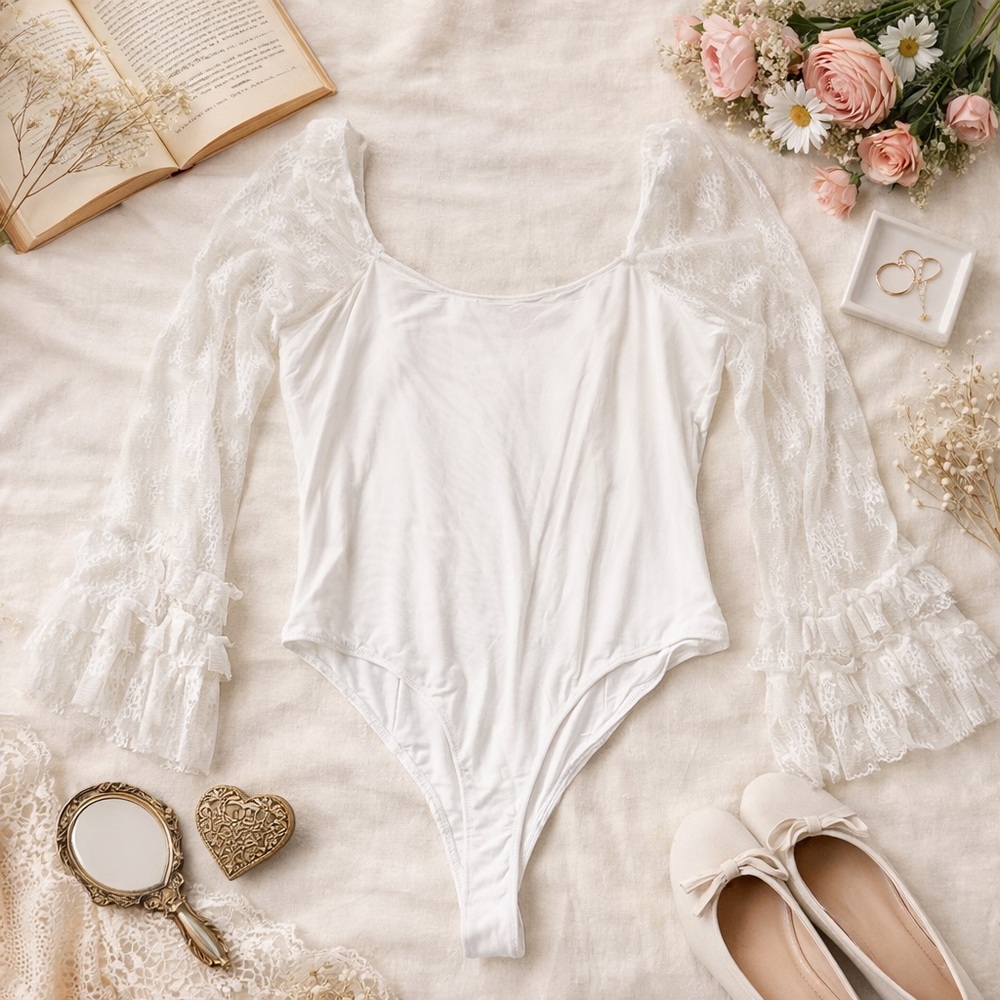 Arula Womens XL Lace Sleeve Bodysuit White Ruffle Cottagecore Boho Feminine